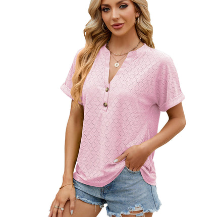 Women's Casual Short Sleeve T-Shirts V Neck Button Up Tunic Tops