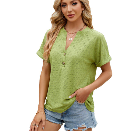 Women's Casual Short Sleeve T-Shirts V Neck Button Up Tunic Tops