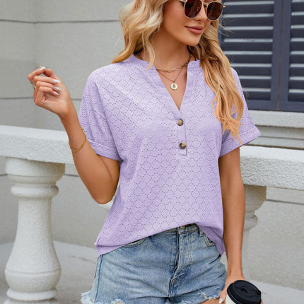 Women's Casual Short Sleeve T-Shirts V Neck Button Up Tunic Tops