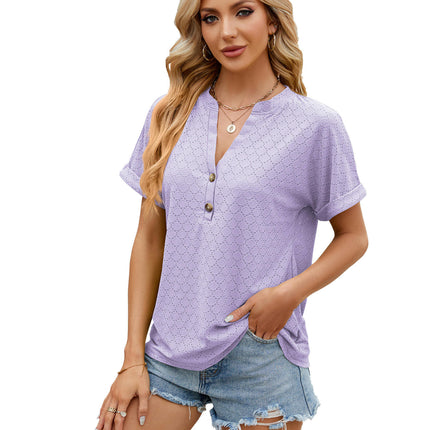 Women's Casual Short Sleeve T-Shirts V Neck Button Up Tunic Tops