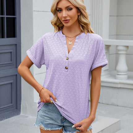 Women's Casual Short Sleeve T-Shirts V Neck Button Up Tunic Tops