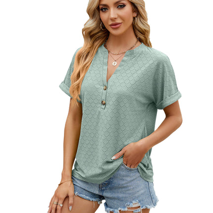 Women's Casual Short Sleeve T-Shirts V Neck Button Up Tunic Tops