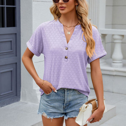 Women's Casual Short Sleeve T-Shirts V Neck Button Up Tunic Tops