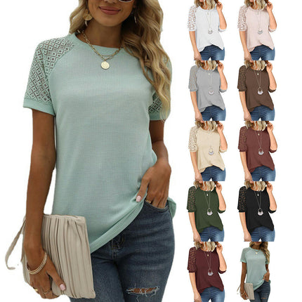 Women's Lace Short Sleeve T Shirts Summer Tops Loose Casual Crew Neck Tee Shirt