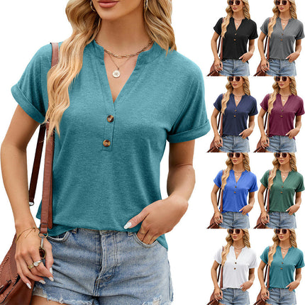 Women's Summer Tops Short Sleeve Shirts Casual Button Up V Neck Blouses Tunic T Shirt