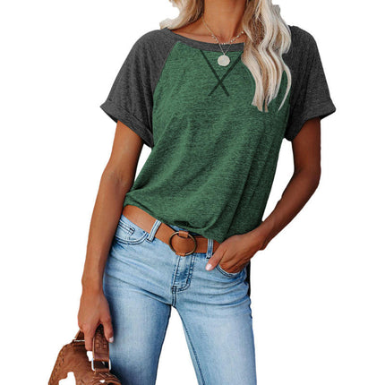 Women's Raglan Short Sleeve Crewneck T-Shirt Color Block Tunic Tshirt Loose Tops