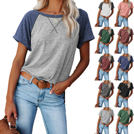 Women's Raglan Short Sleeve Crewneck T-Shirt Color Block Tunic Tshirt Loose Tops