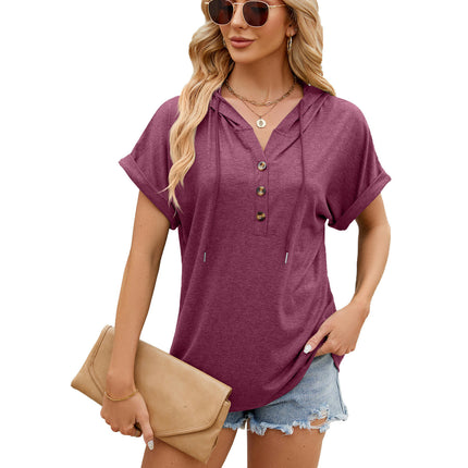 Women's Short Sleeve Hoodies Summer Loose Fit Blouse Tops Casual T-shirts with Button