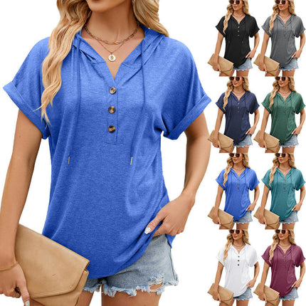 Women's Short Sleeve Hoodies Summer Loose Fit Blouse Tops Casual T-shirts with Button