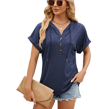 Women's Short Sleeve Hoodies Summer Loose Fit Blouse Tops Casual T-shirts with Button