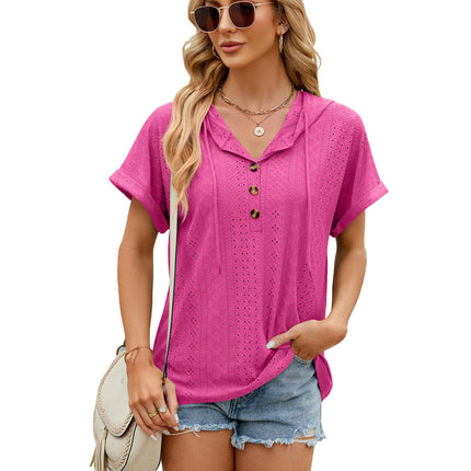 Women's Summer Short Sleeve Hoodies Tops Button V Neck T-Shirts Tops