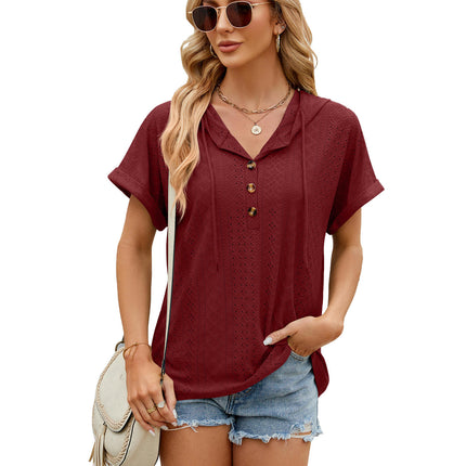 Women's Summer Short Sleeve Hoodies Tops Button V Neck T-Shirts Tops