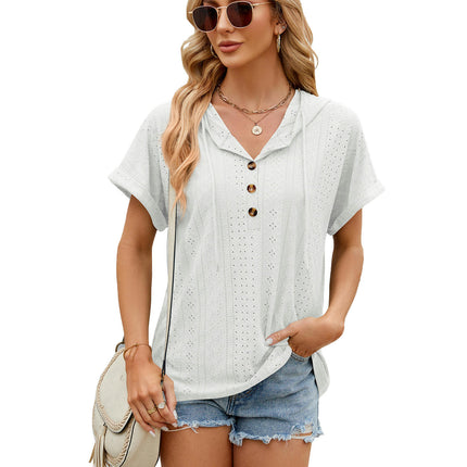 Women's Summer Short Sleeve Hoodies Tops Button V Neck T-Shirts Tops