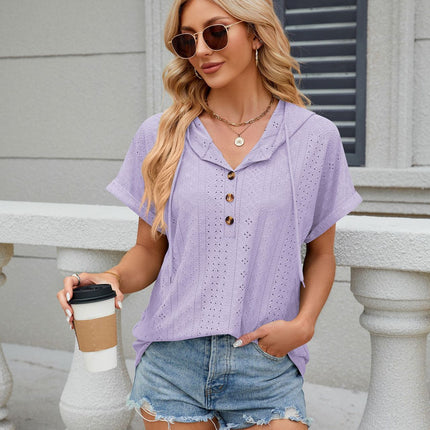 Women's Summer Short Sleeve Hoodies Tops Button V Neck T-Shirts Tops