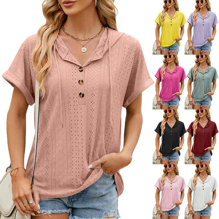 Women's Summer Short Sleeve Hoodies Tops Button V Neck T-Shirts Tops