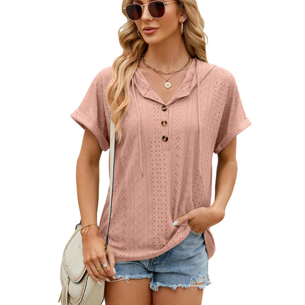 Women's Summer Short Sleeve Hoodies Tops Button V Neck T-Shirts Tops