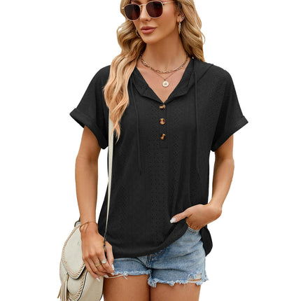 Women's Summer Short Sleeve Hoodies Tops Button V Neck T-Shirts Tops