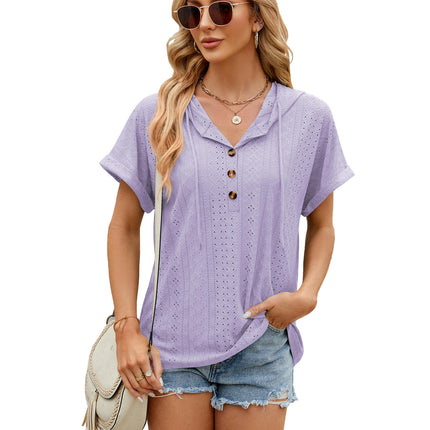 Women's Summer Short Sleeve Hoodies Tops Button V Neck T-Shirts Tops