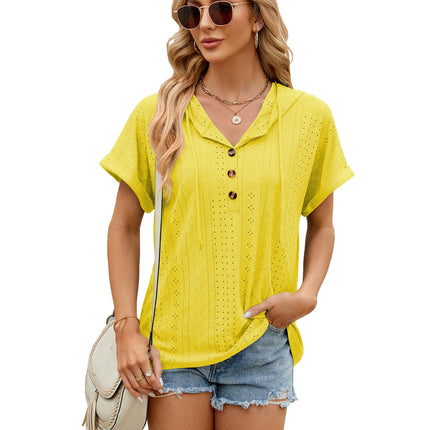 Women's Summer Short Sleeve Hoodies Tops Button V Neck T-Shirts Tops