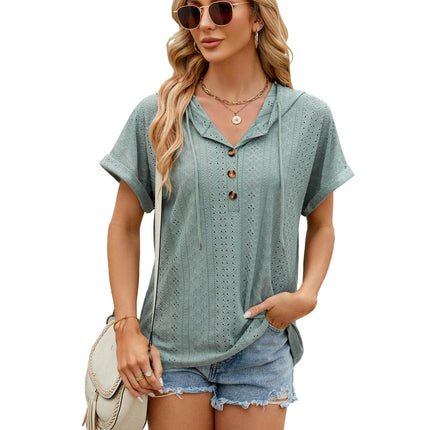 Women's Summer Short Sleeve Hoodies Tops Button V Neck T-Shirts Tops