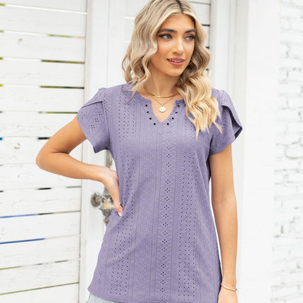 Women's Summer Tops Casual V Neck Tee Shirts Petal Sleeve Eyelet Loose Blouse