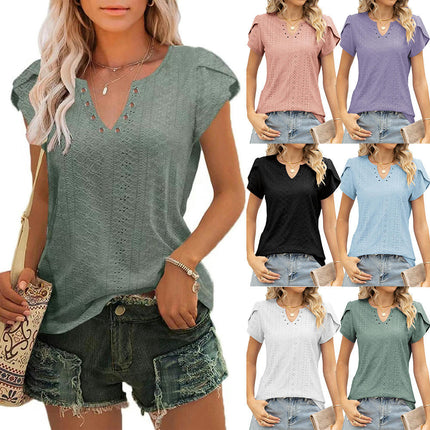 Women's Summer Tops Casual V Neck Tee Shirts Petal Sleeve Eyelet Loose Blouse