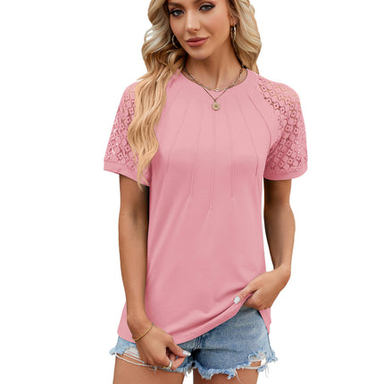 Women's Lace Shirt Short Sleeve Round Neck Tops Loose Fit T Shirt