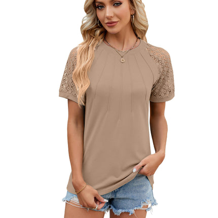 Women's Lace Shirt Short Sleeve Round Neck Tops Loose Fit T Shirt