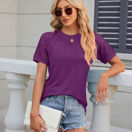 Women's Lace Shirt Short Sleeve Round Neck Tops Loose Fit T Shirt