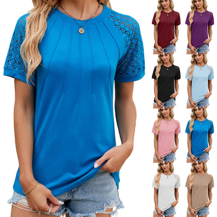 Women's Lace Shirt Short Sleeve Round Neck Tops Loose Fit T Shirt