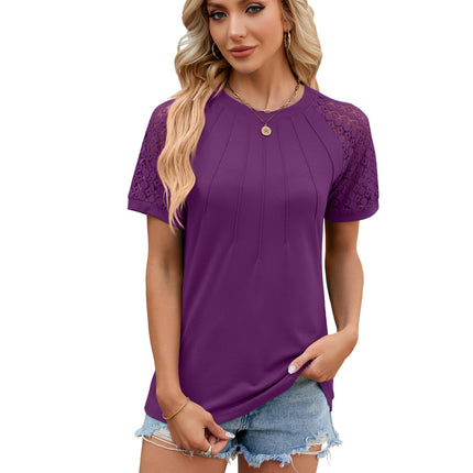 Women's Lace Shirt Short Sleeve Round Neck Tops Loose Fit T Shirt