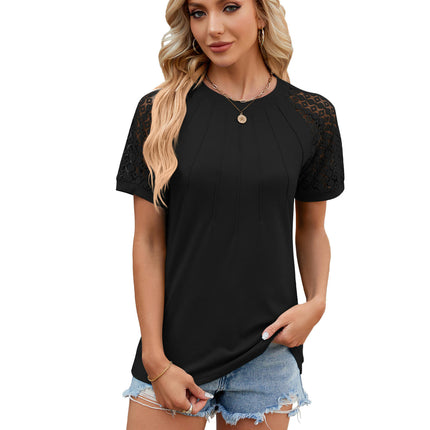 Women's Lace Shirt Short Sleeve Round Neck Tops Loose Fit T Shirt