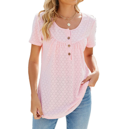 Women's Summer Short Sleeve Tops Loose Crew Neck T Shirts Eyelet Button Down Tunic Blouses