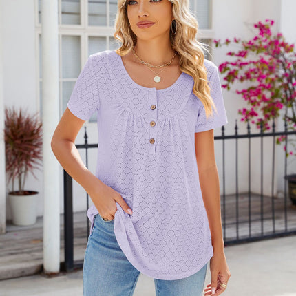 Women's Summer Short Sleeve Tops Loose Crew Neck T Shirts Eyelet Button Down Tunic Blouses