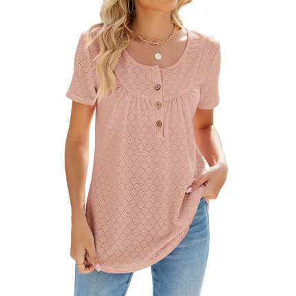 Women's Summer Short Sleeve Tops Loose Crew Neck T Shirts Eyelet Button Down Tunic Blouses