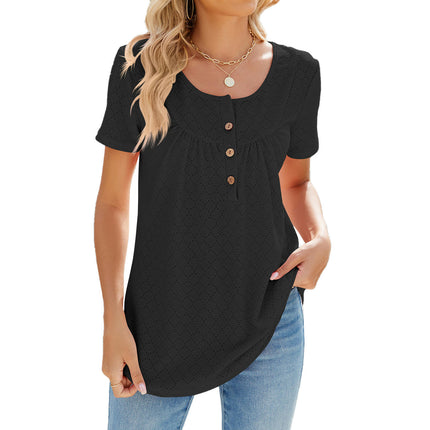 Women's Summer Short Sleeve Tops Loose Crew Neck T Shirts Eyelet Button Down Tunic Blouses