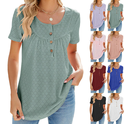 Women's Summer Short Sleeve Tops Loose Crew Neck T Shirts Eyelet Button Down Tunic Blouses