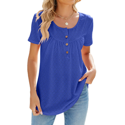 Women's Summer Short Sleeve Tops Loose Crew Neck T Shirts Eyelet Button Down Tunic Blouses