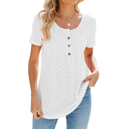 Women's Summer Short Sleeve Tops Loose Crew Neck T Shirts Eyelet Button Down Tunic Blouses