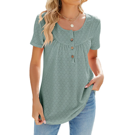 Women's Summer Short Sleeve Tops Loose Crew Neck T Shirts Eyelet Button Down Tunic Blouses