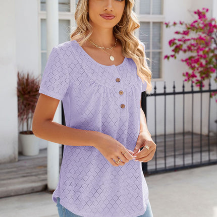 Women's Summer Short Sleeve Tops Loose Crew Neck T Shirts Eyelet Button Down Tunic Blouses