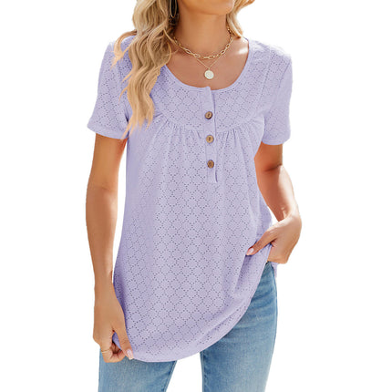 Women's Summer Short Sleeve Tops Loose Crew Neck T Shirts Eyelet Button Down Tunic Blouses