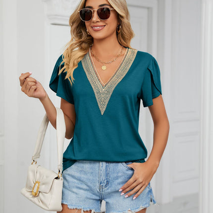 Women's Summer Lace V Neck T Shirts Summer Petal Sleeve Casual Tops