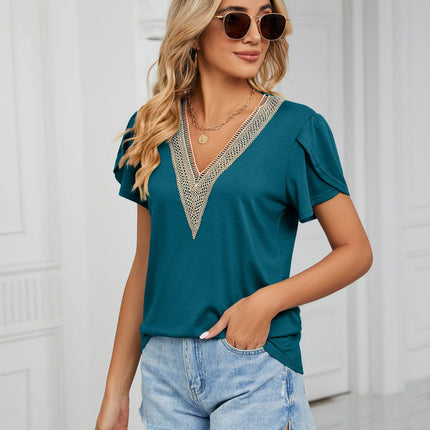 Women's Summer Lace V Neck T Shirts Summer Petal Sleeve Casual Tops