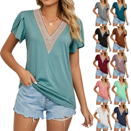 Women's Summer Lace V Neck T Shirts Summer Petal Sleeve Casual Tops