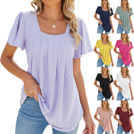 Women's Summer Tunic Tops Square Neck T Shirts Ruffled Short Sleeve Blouses