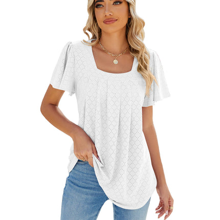 Women's Summer Tunic Tops Square Neck T Shirts Ruffled Short Sleeve Blouses