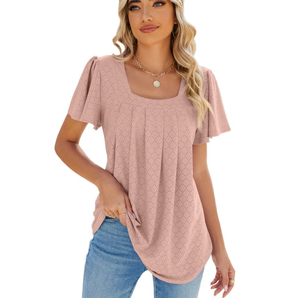 Women's Summer Tunic Tops Square Neck T Shirts Ruffled Short Sleeve Blouses