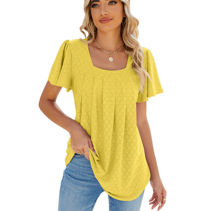 Women's Summer Tunic Tops Square Neck T Shirts Ruffled Short Sleeve Blouses