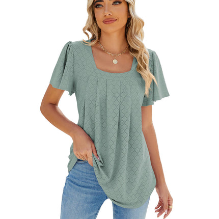 Women's Summer Tunic Tops Square Neck T Shirts Ruffled Short Sleeve Blouses